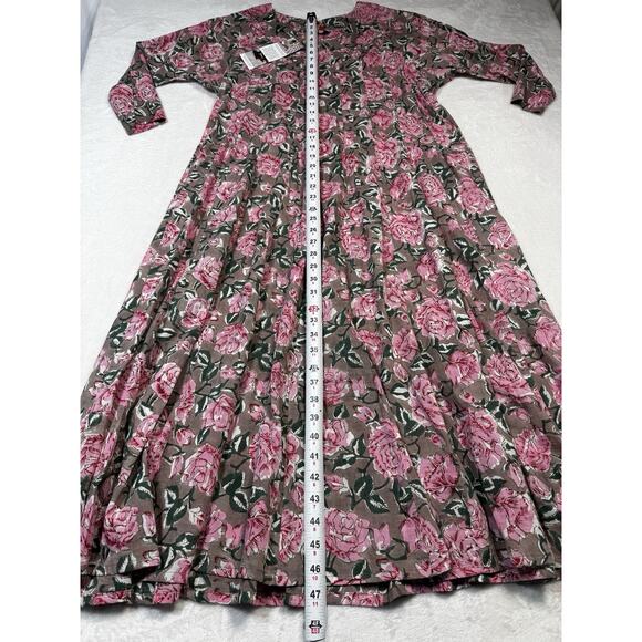 Paisley & Pomegranate Nila Rubia Hand-Block Floral Maxi Dress Taupe Pink LG - Picture 6 of 8